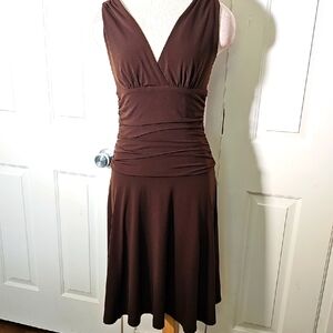 Y2K, Baby Doll Elegant Brown Sleeveless Dress. Rouched, Midi, Size Large.